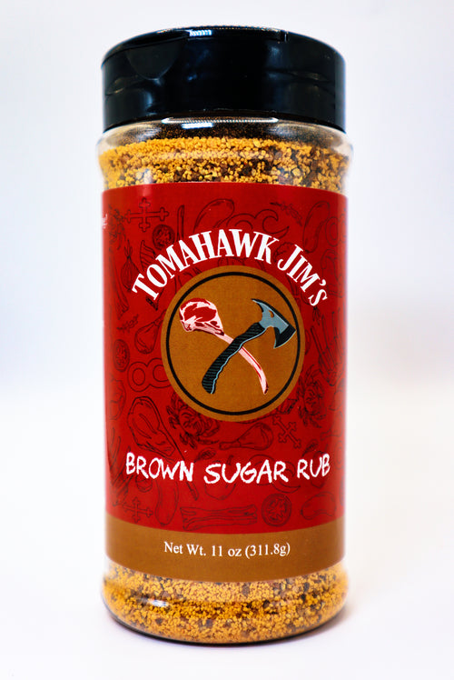 Tomahawk Jim's Brown Sugar Rub in plastic container.