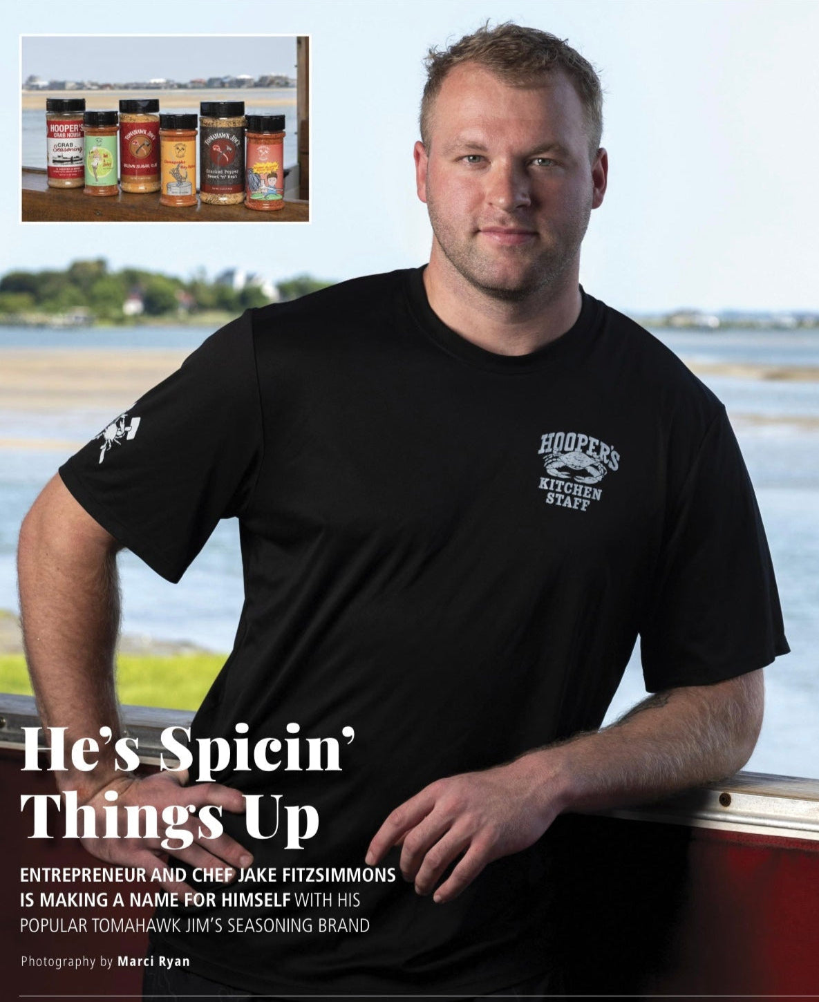 Entrepreneur and chef Jake Fitzsimmons, owner of Tomahawk Jim's Seasoning.  The image is part of a Coastal Style Magazine feature titles "He's Spicin' Things Up" highlighting his brand for the July/August 2024 issue.