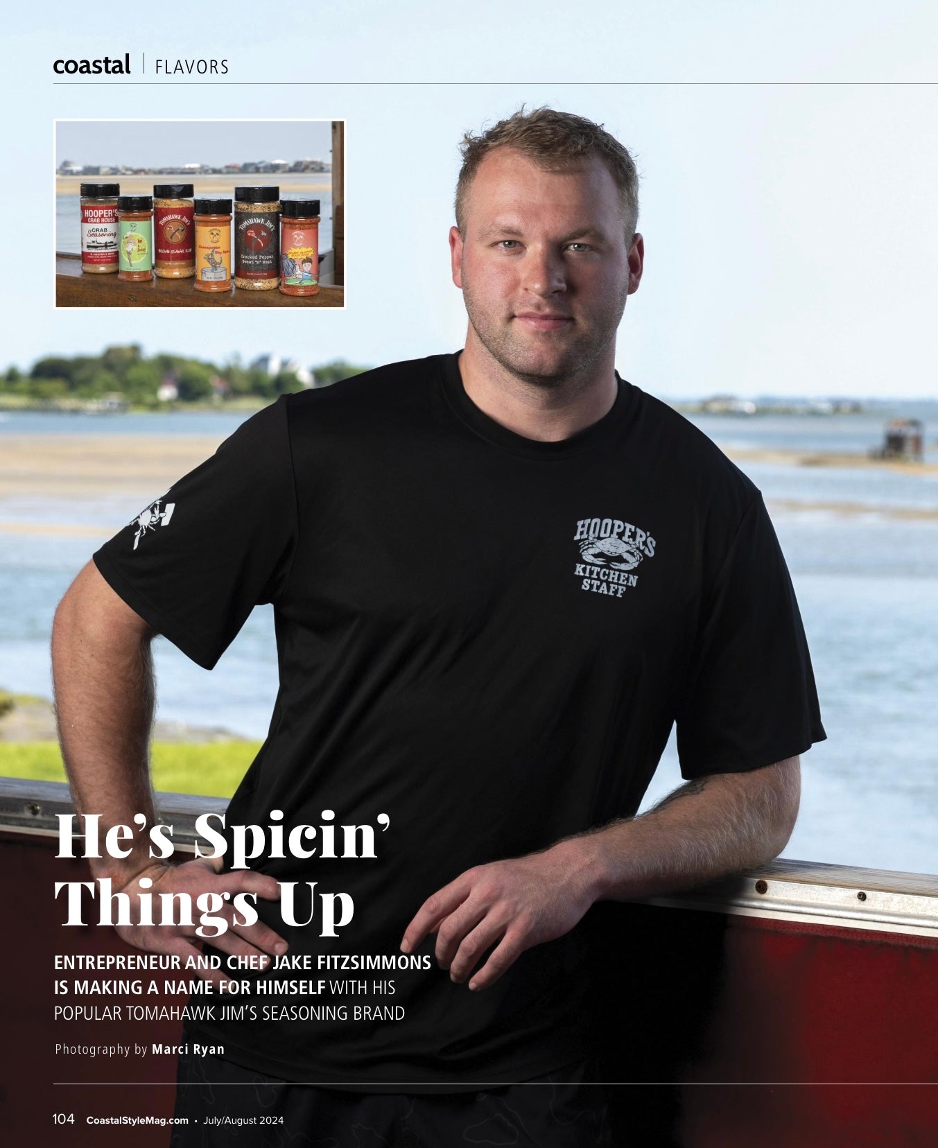 Entrepreneur and chef Jake Fitzsimmons, owner of Tomahawk Jim's Seasoning.  The image is part of a Coastal Style Magazine feature titles "He's Spicin' Things Up" highlighting his brand for the July/August 2024 issue.