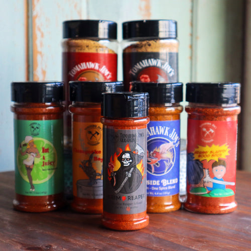 A complete set of all of Tomahawk Jim's Seasoning original flavors.  Including Brown Sugar Rub, Cracked Pepper Sweet 'n' Heat, Hot & Juicy, Chesapeake Bay Spice, Grim Reaper, Seaside Blend, Granny Slappin' Good Spice