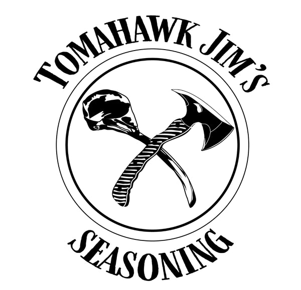 Tomahawk Jim's Seasoning logo featuring a tomahawk tool crossing a tomahawk steak.